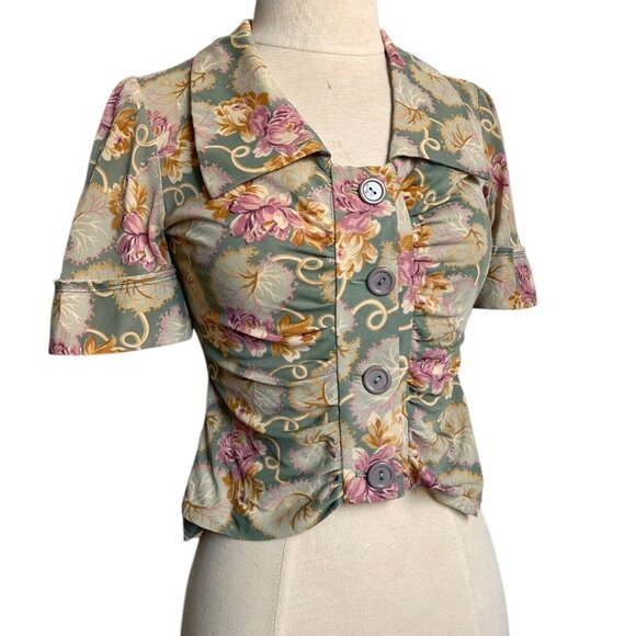 70s vintage pilgrim collar blouse shirt sleeve buttonup ruched floral art print. - Picture 3 of 10